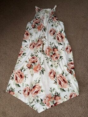 Floral Asymmetrical Halter Dress - White with Peach Roses